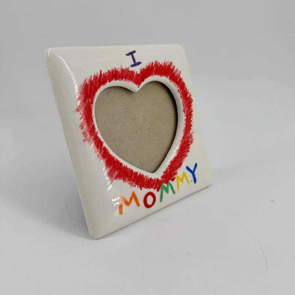 I Love Mommy Ceramic Heart Picture Frame White Red 3x3 Photo Made in Taiwan